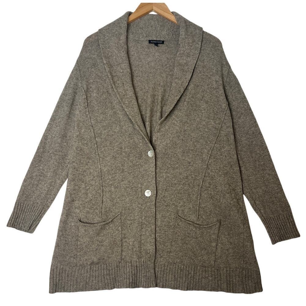 Eileen Fisher Yak Wool Brown Collared Cardigan Lagenlook FLAW sz L Bohemian